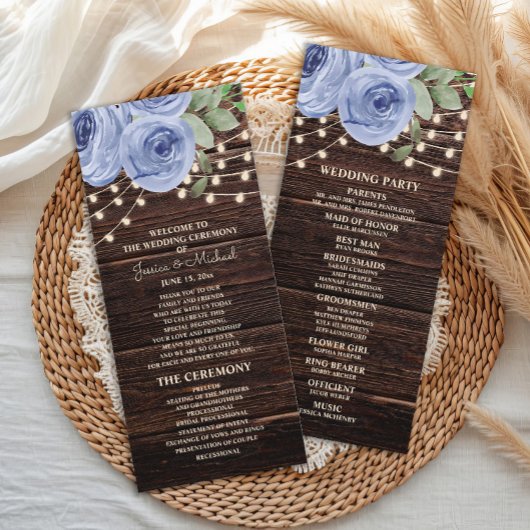 Rustic String Lights Blue Floral Wedding Programme Programma