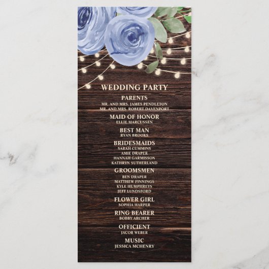 Rustic String Lights Blue Floral Wedding Programme Programma (Achterkant)