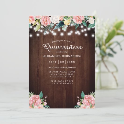 Rustic String Lights Blush Floral Quinceañera Kaart (Staand voorkant)