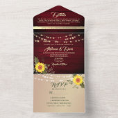 Rustic String Lights Bourgondië Zonnebloem Huwelij All In One Uitnodiging (Binnen)