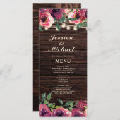 Rustic String Lights Burgundy Floral Mariage Menu (Devant / Derrière)