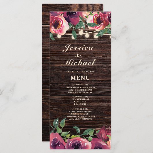 Rustic String Lights Burgundy Floral Mariage Menu (Devant / Derrière)