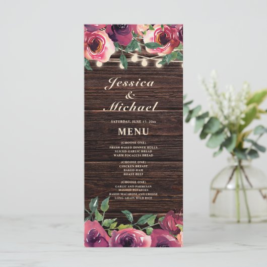 Rustic String Lights Burgundy Floral Mariage Menu (Debout devant)