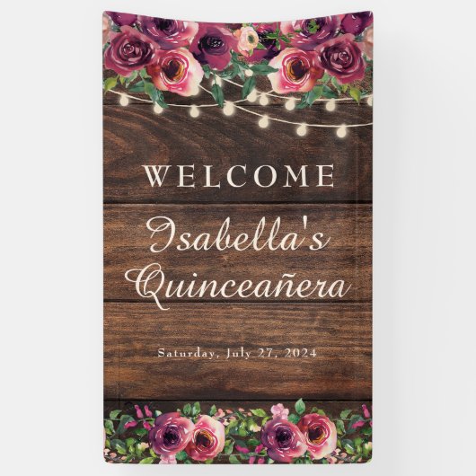 Rustic String Lights Burgundy Floral Quinceañera Spandoek (Verticaal)