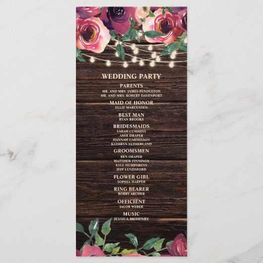 Rustic String Lights Burgundy Floral Wedding Programma (Achterkant)