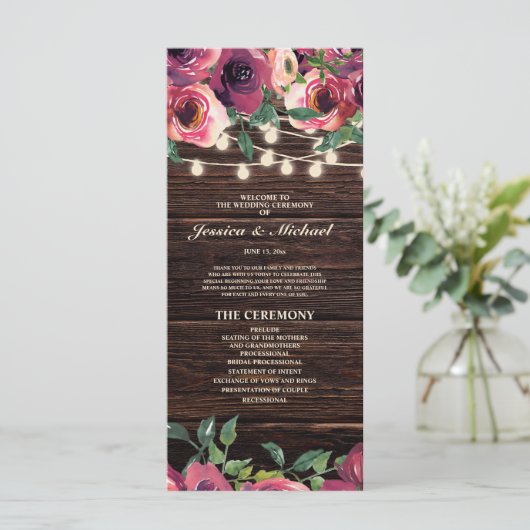 Rustic String Lights Burgundy Floral Wedding Programma (Staand voorkant)