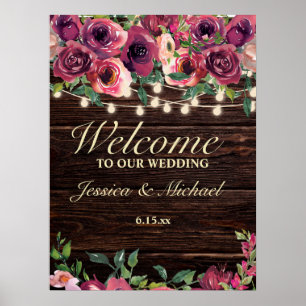 Rustic String Lights Burgundy Floral Wedding Sign Poster