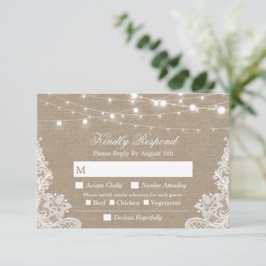 Rustic String Lights Burlap Menu Keuze RSVP (Staand voorkant)
