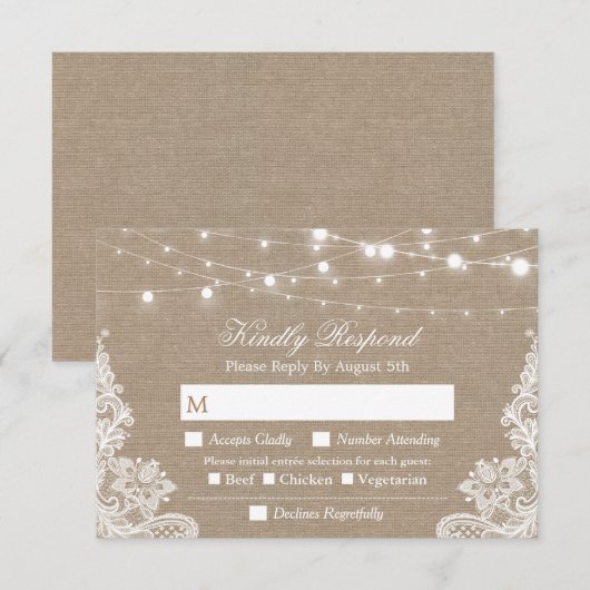 Rustic String Lights Burlap Menu Keuze RSVP (Voorkant / Achterkant)