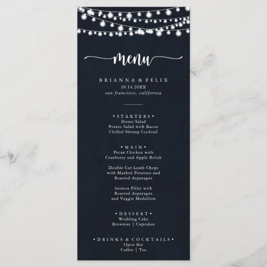 Rustic String Lights Calligraphy Dinner Menu (Voorkant)