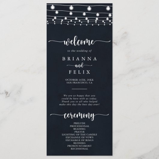 Rustic String Lights Calligraphy Wedding Programme Programma (Voorkant)