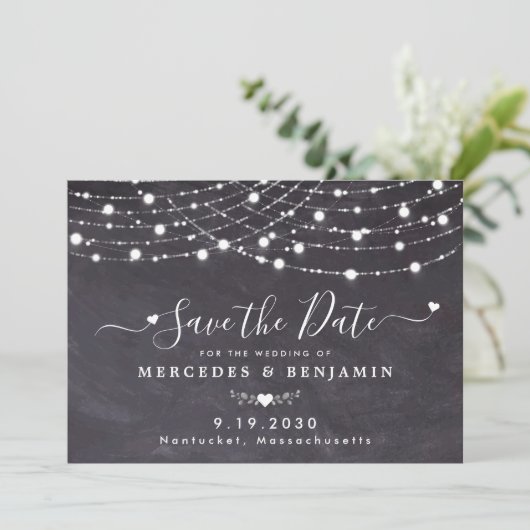 Rustic String Lights Chalkboard Slate Wedding Save The Date (Staand voorkant)