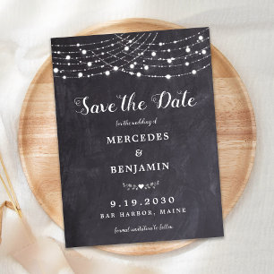 Rustic String Lights Chalkboard Slate Wedding Save Uitnodiging Briefkaart