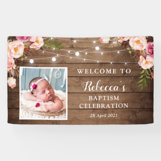 Rustic String Lights Floral Baby Baptism Welkom Spandoek (Horizontaal)