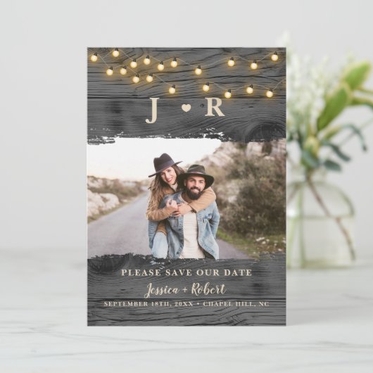 Rustic String Lights Foto Opslaan van de datum Kaa Kaart (Staand voorkant)
