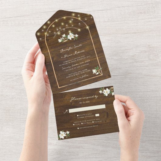 Rustic String Lights Gold Arch Magnolia Wedding All In One Uitnodiging (Afscheurbaar)