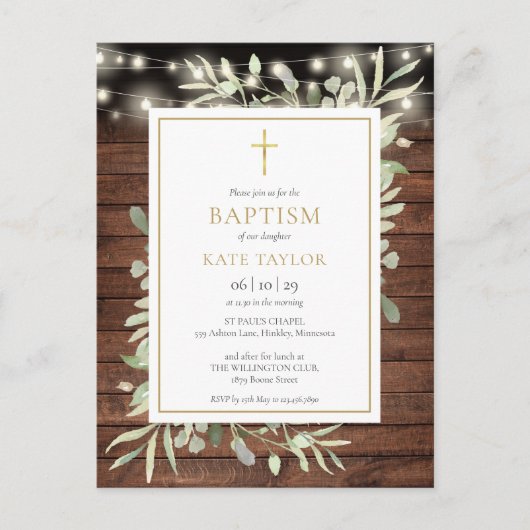 Rustic String Lights Greenery Baptism Invitation Uitnodiging Briefkaart (Voorkant)