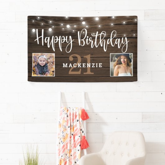 Rustic String Lights Hout Verjaardagsfoto Spandoek (Insitu)
