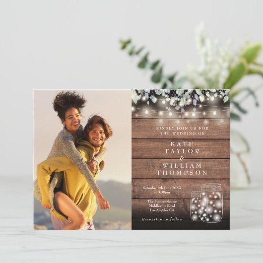Rustic String Lights Jars Greenery Photo Wedding Kaart (Staand voorkant)
