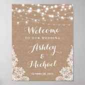 Rustic String Lights Lace Burlap Wedding Sign Poster (Voorkant)