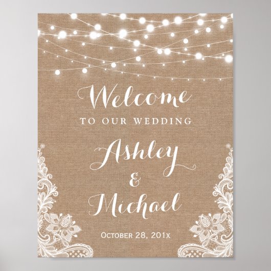 Rustic String Lights Lace Burlap Wedding Sign Poster (Voorkant)