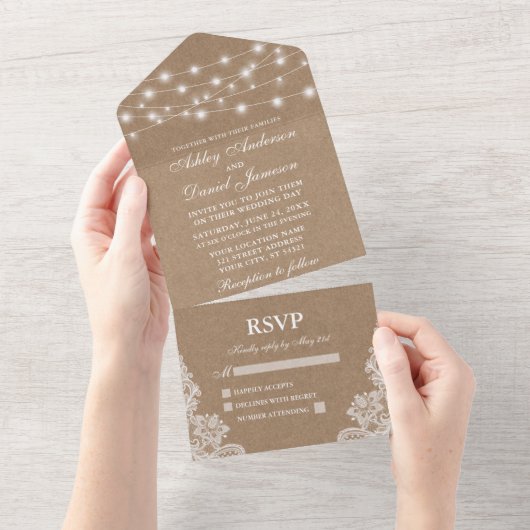 Rustic String Lights Lace Wedding Kraft All In One Uitnodiging (Afscheurbaar)