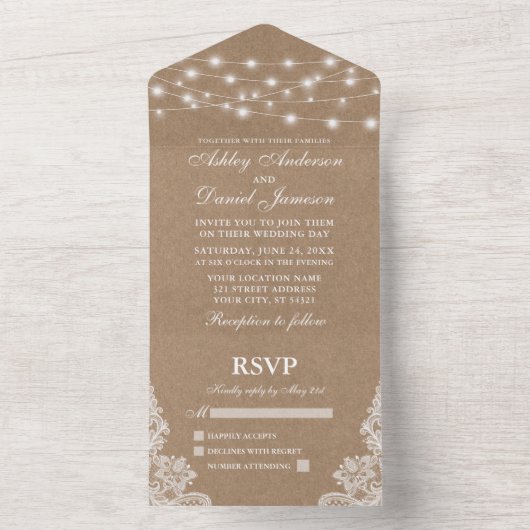 Rustic String Lights Lace Wedding Kraft All In One Uitnodiging (Binnen)