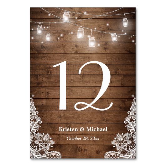 Rustic String Lights Lace Wedding Table Number Kaart (Voorkant)