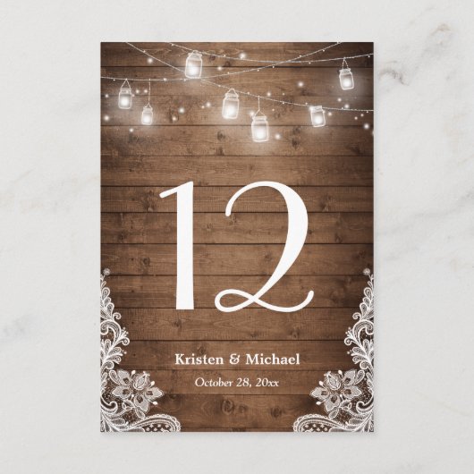 Rustic String Lights Lace Wedding Table Number RSVP Kaartje (Achterkant)