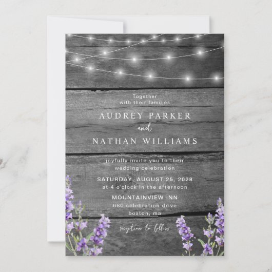 Rustic String Lights Lavender met Details Weddensc Kaart (Voorkant)