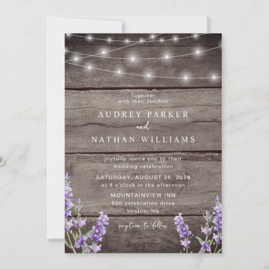 Rustic String Lights Lavender QR Code Weddenschap Kaart (Voorkant)