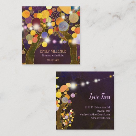 Rustic String Lights Love Trees Esthetician Vierkante Visitekaartje (Voorkant / Achterkant)