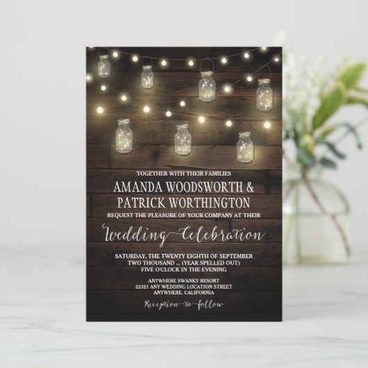 Rustic String Lights Mason Jar bruiloft uitnodigin Kaart (Staand voorkant)