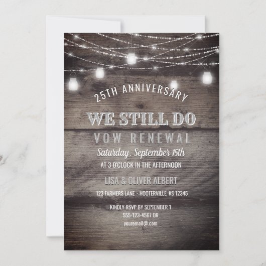 Rustic String Lights Mason Jar Wood Vow Renewal Kaart (Voorkant)