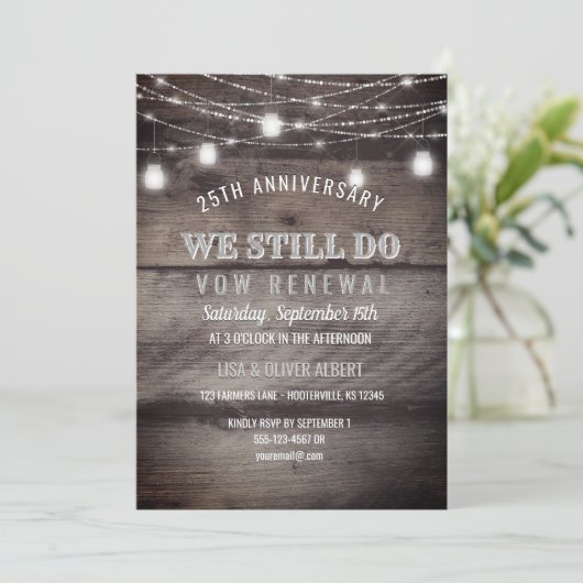 Rustic String Lights Mason Jar Wood Vow Renewal Kaart (Staand voorkant)