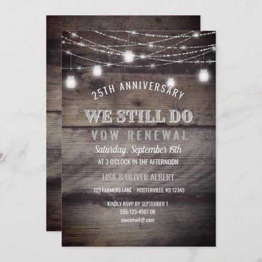 Rustic String Lights Mason Jar Wood Vow Renewal Kaart (Voorkant / Achterkant)