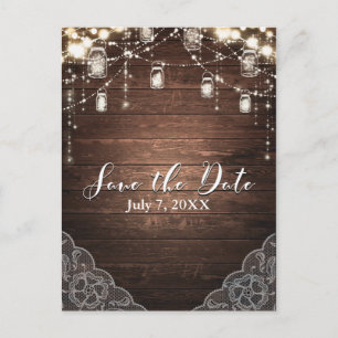 Rustic String Lights Mason Jars Lace Save the Date Aankondigingskaart