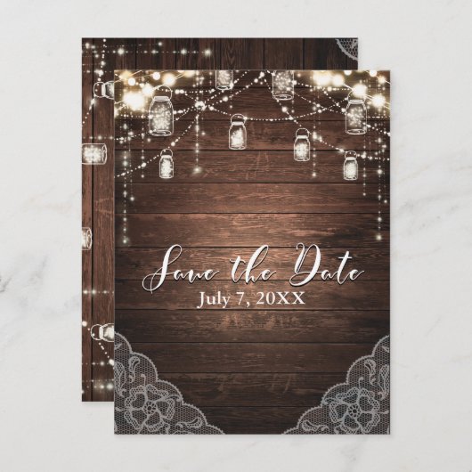 Rustic String Lights Mason Jars Lace Save the Date Aankondigingskaart (Voorkant / Achterkant)