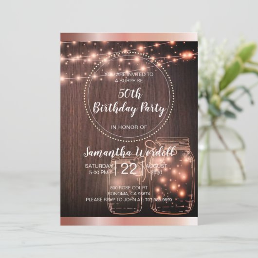 Rustic String Lights Mason Jars Metallic Roos Gold Kaart (Staand voorkant)