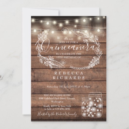 Rustic String Lights Mason Jars Quinceañera 15th Kaart (Voorkant)