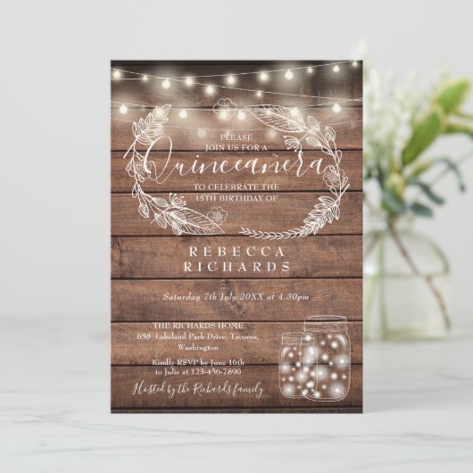 Rustic String Lights Mason Jars Quinceañera 15th Kaart (Staand voorkant)