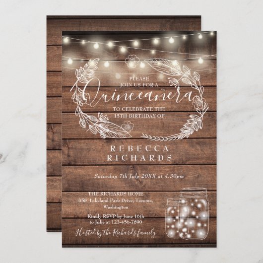 Rustic String Lights Mason Jars Quinceañera 15th Kaart (Voorkant / Achterkant)