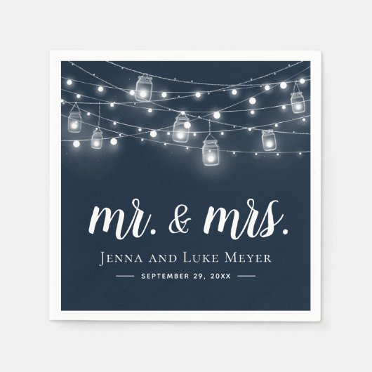 Rustic String Lights Mr. en Mrs Wedding Monogram Servet (Voorkant)