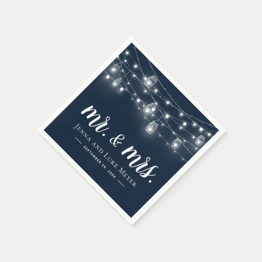 Rustic String Lights Mr. en Mrs Wedding Monogram Servet (Hoek)