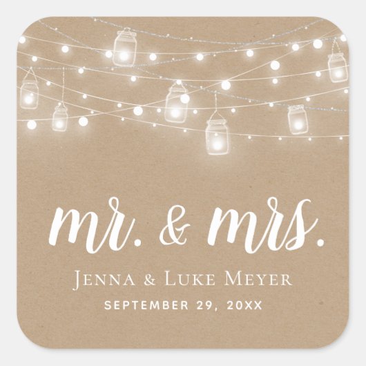 Rustic String Lights Mr. en Mrs Wedding Monogram Vierkante Sticker (Voorkant)
