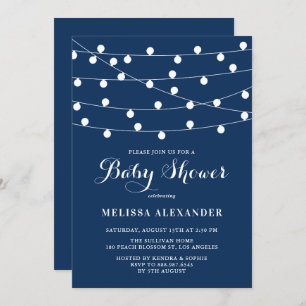 Rustic String Lights Navy Blue Baby shower Brunch Kaart