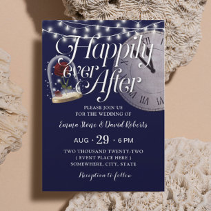 Rustic String Lights Navy Blue Fairytale Wedding Kaart