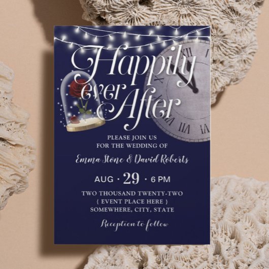 Rustic String Lights Navy Blue Fairytale Wedding Kaart