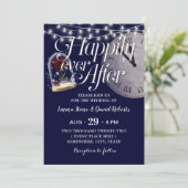 Rustic String Lights Navy Blue Fairytale Wedding Kaart (Staand voorkant)