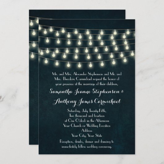  Rustic String Lights Navy Blue Wedding Kaart (Voorkant / Achterkant)